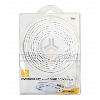 SL-58 Комплект светодиодной ленты 220В, 6Вт/м, smd2835, 60д/м, IP44, 600Лм/м, ширина подложки 10мм, 5м, т/б, 3000К, оплетка из белого ПВХ, с аксессуарами (шнур питания 220В, заглушка-1шт., крепеж-5шт.).